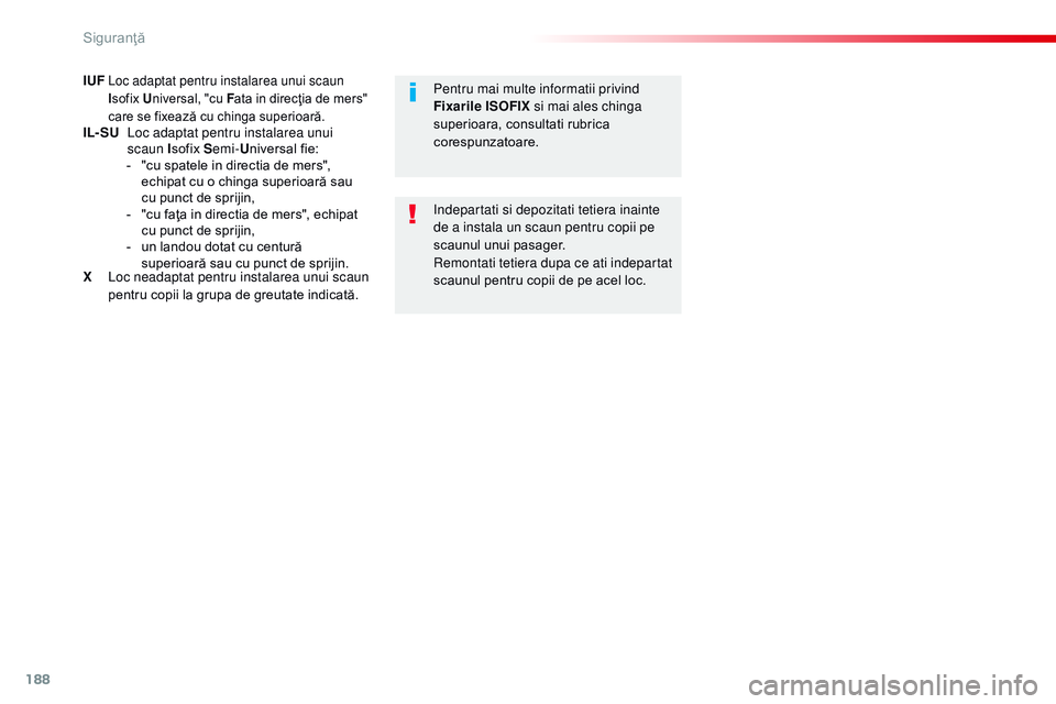 CITROEN JUMPER SPACETOURER 2017 Ghiduri De Utilizare (in Romanian) 188
Spacetourer-VP_ro_Chap05_securite_ed01-2016
IUF Loc adaptat pentru instalarea unui scaun
Isofix U niversal, "cu F ata in direcţia de mers"
care se fixează cu chinga superioară.
IL- SU CITROEN JUMPER SPACETOURER 2017 Ghiduri De Utilizare (in Romanian) 188
Spacetourer-VP_ro_Chap05_securite_ed01-2016
IUF Loc adaptat pentru instalarea unui scaun
Isofix U niversal, "cu F ata in direcţia de mers"
care se fixează cu chinga superioară.
IL- SU