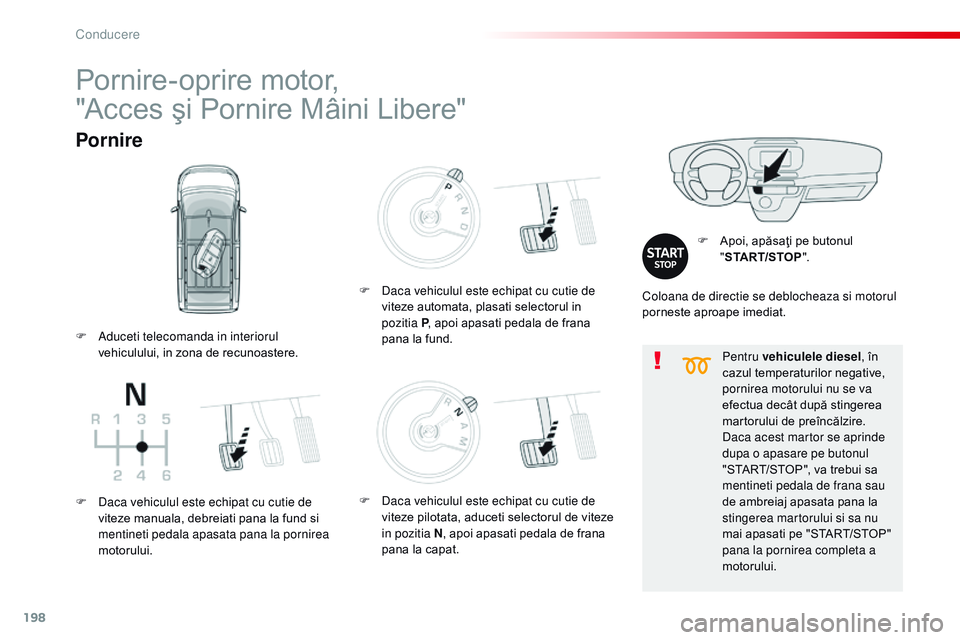 CITROEN JUMPER SPACETOURER 2017 Ghiduri De Utilizare (in Romanian) 198
Spacetourer-VP_ro_Chap06_conduite_ed01-2016
Pentru vehiculele diesel, în
cazul temperaturilor negative,
pornirea motorului nu se va
efectua decât după stingerea
martorului de preîncălzire CITROEN JUMPER SPACETOURER 2017 Ghiduri De Utilizare (in Romanian) 198
Spacetourer-VP_ro_Chap06_conduite_ed01-2016
Pentru vehiculele diesel, în
cazul temperaturilor negative,
pornirea motorului nu se va
efectua decât după stingerea
martorului de preîncălzire