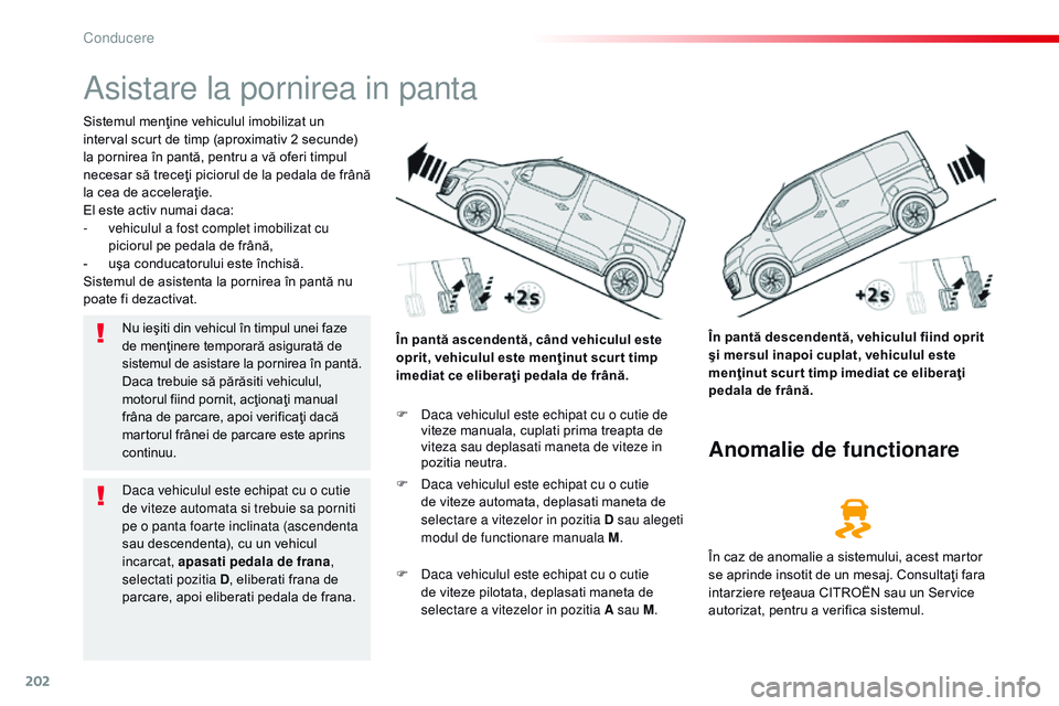 CITROEN JUMPER SPACETOURER 2017 Ghiduri De Utilizare (in Romanian) 202
Spacetourer-VP_ro_Chap06_conduite_ed01-2016
Asistare la pornirea in panta
Sistemul menţine vehiculul imobilizat un
interval scurt de timp (aproximativ 2 secunde)
la pornirea în pantă, pentru CITROEN JUMPER SPACETOURER 2017 Ghiduri De Utilizare (in Romanian) 202
Spacetourer-VP_ro_Chap06_conduite_ed01-2016
Asistare la pornirea in panta
Sistemul menţine vehiculul imobilizat un
interval scurt de timp (aproximativ 2 secunde)
la pornirea în pantă, pentru