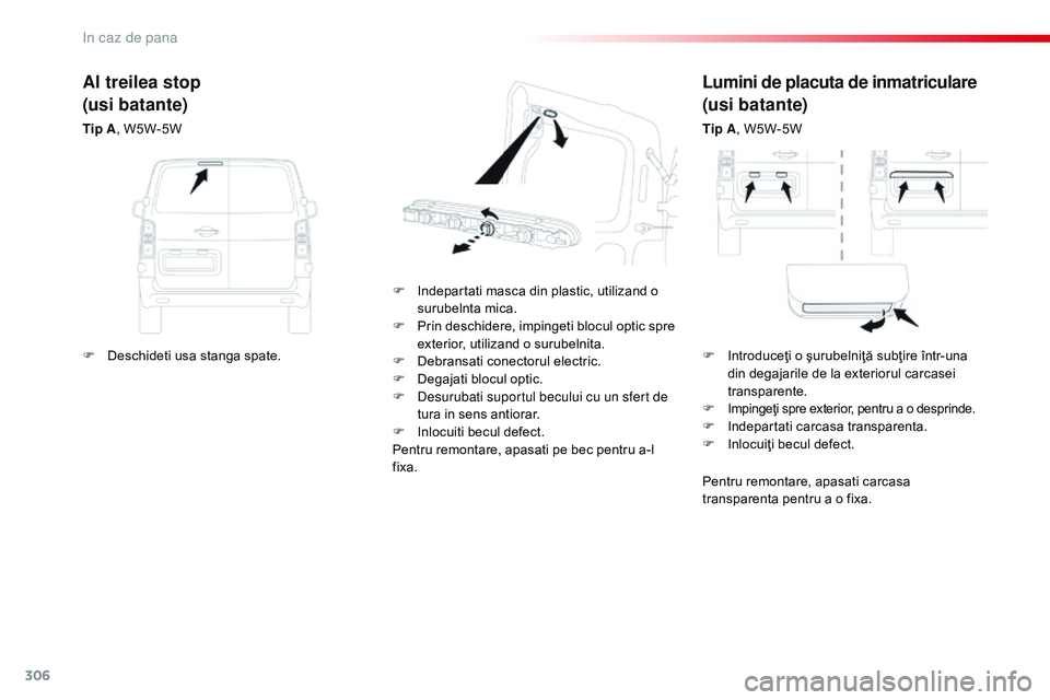 CITROEN JUMPER SPACETOURER 2017 Ghiduri De Utilizare (in Romanian) 306
Spacetourer-VP_ro_Chap08_En-cas-de-panne_ed01-2016
Lumini de placuta de inmatriculare
(usi batante)
Tip A, W5W-5W
F
I
ndepartati masca din plastic, utilizand o
surubelnta mica.
F
P
rin desc CITROEN JUMPER SPACETOURER 2017 Ghiduri De Utilizare (in Romanian) 306
Spacetourer-VP_ro_Chap08_En-cas-de-panne_ed01-2016
Lumini de placuta de inmatriculare
(usi batante)
Tip A, W5W-5W
F
I
ndepartati masca din plastic, utilizand o
surubelnta mica.
F
P
rin desc