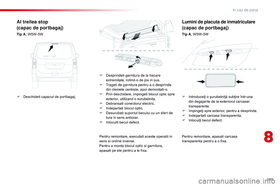 CITROEN JUMPER SPACETOURER 2017  Ghiduri De Utilizare (in Romanian) 309
Spacetourer-VP_ro_Chap08_En-cas-de-panne_ed01-2016
Pentru remontare, apasati carcasa 
transparenta pentru a o fixa.
F
 
D

esprindeti garnitura de la fiecare 
extremitate, rotind-o de jos in sus.
