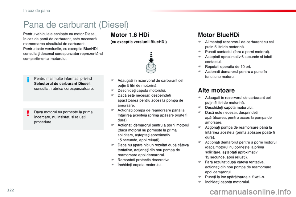 CITROEN JUMPER SPACETOURER 2017  Ghiduri De Utilizare (in Romanian) 322
Spacetourer-VP_ro_Chap08_En-cas-de-panne_ed01-2016
Pentru vehiculele echipate cu motor Diesel, 
în caz de pană de carburant, este necesară 
reamorsarea circuitului de carburant.
Pentru toate ve