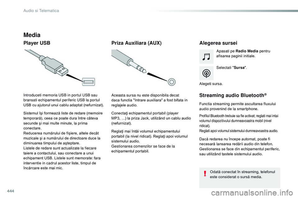 CITROEN JUMPER SPACETOURER 2017  Ghiduri De Utilizare (in Romanian) 444
Spacetourer-VP_ro_Chap10c_rCC-1_ed01-2016
Media
Player USB Alegerea sursei
Selectati "Sursa".
Apasati pe Radio Media
 pentru 
afisarea paginii initiale.
Sistemul îşi formează liste de r