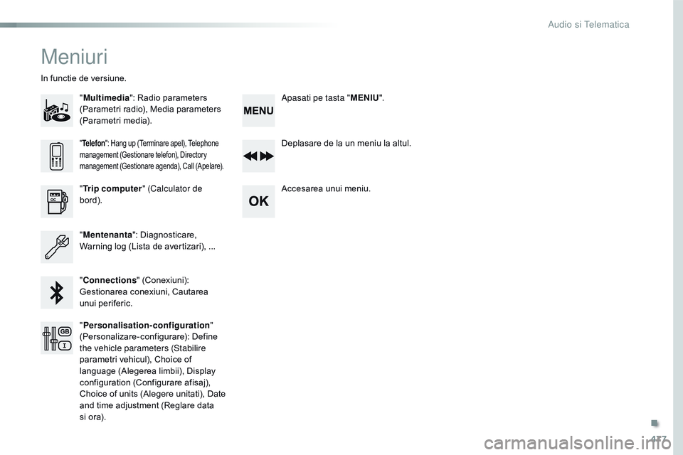 CITROEN JUMPER SPACETOURER 2017  Ghiduri De Utilizare (in Romanian) 477
Spacetourer-VP_ro_Chap10d_rD6_ed01-2016
Meniuri
"Multimedia ": Radio parameters 
(Parametri radio), Media parameters 
(Parametri media).
In functie de versiune.
Deplasare de la un meniu la