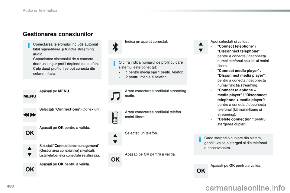CITROEN JUMPER SPACETOURER 2017  Ghiduri De Utilizare (in Romanian) 488
Apasati pe OK pentru a valida.
Apasati pe OK pentru a valida.
Apasati pe OK
 pentru a valida.
Apasati pe OK  pentru a valida.
Conectarea telefonului include automat 
kitul mâini-libere şi functi