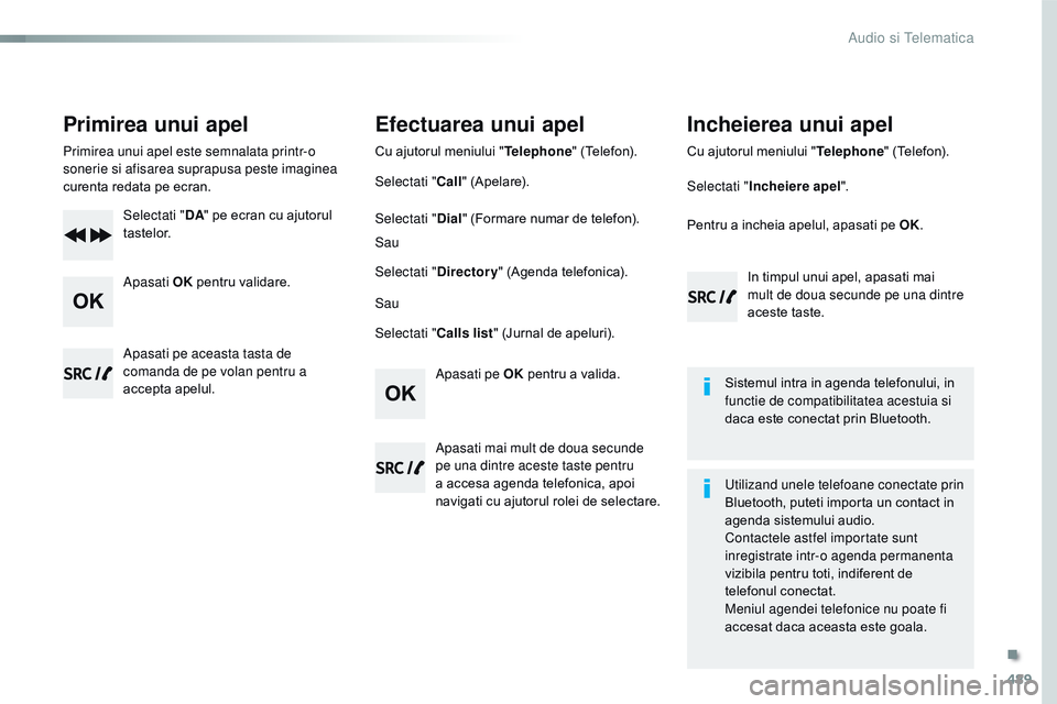 CITROEN JUMPER SPACETOURER 2017  Ghiduri De Utilizare (in Romanian) 489
Spacetourer-VP_ro_Chap10d_rD6_ed01-2016
Primirea unui apel
Primirea unui apel este semnalata printr-o 
sonerie si afisarea suprapusa peste imaginea 
curenta redata pe ecran.
Selectati " DA"