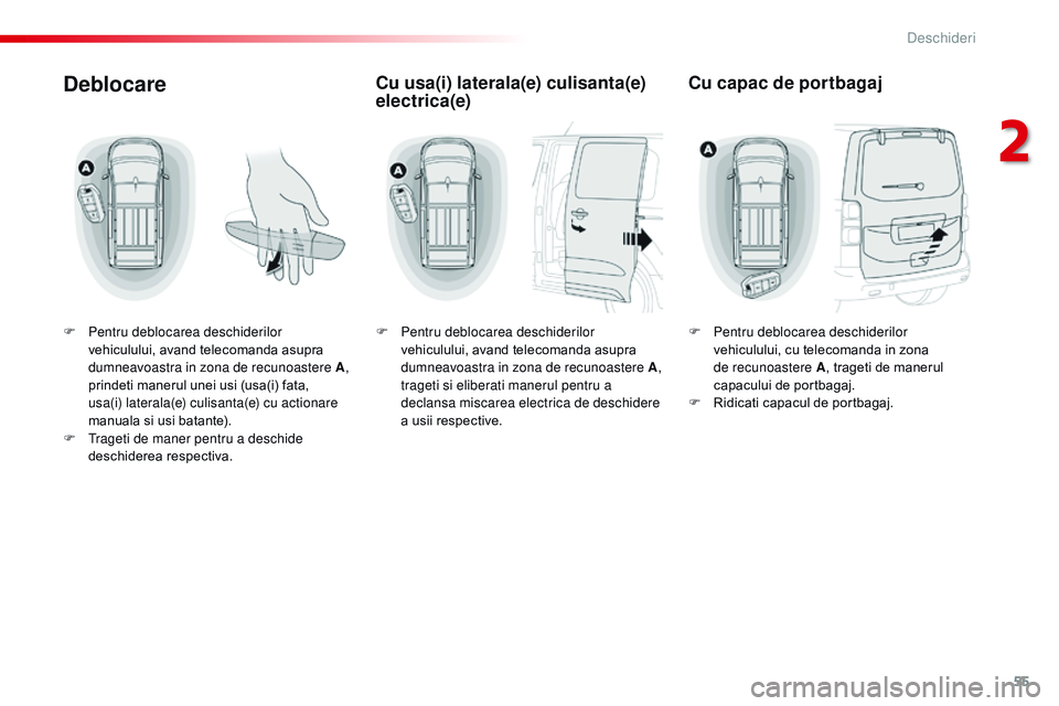 CITROEN JUMPER SPACETOURER 2017 Ghiduri De Utilizare (in Romanian) 55
Spacetourer-VP_ro_Chap02_ouvertures_ed01-2016
Deblocare
F Pentru deblocarea deschiderilor vehiculului, avand telecomanda asupra
dumneavoastra in zona de recunoastere
A,
prindeti manerul unei us CITROEN JUMPER SPACETOURER 2017 Ghiduri De Utilizare (in Romanian) 55
Spacetourer-VP_ro_Chap02_ouvertures_ed01-2016
Deblocare
F Pentru deblocarea deschiderilor vehiculului, avand telecomanda asupra
dumneavoastra in zona de recunoastere
A,
prindeti manerul unei us
