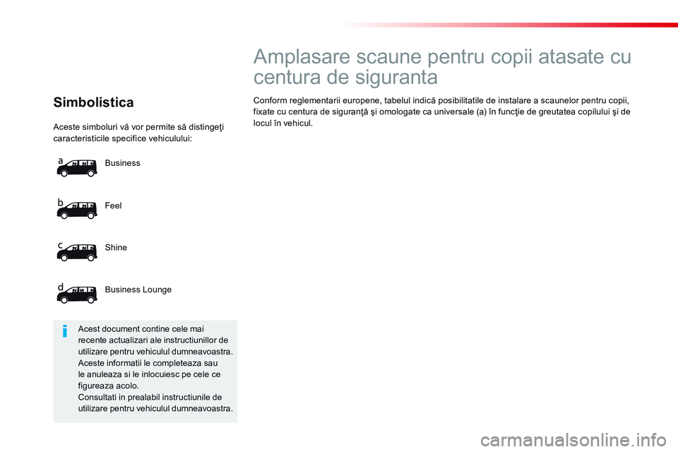 CITROEN JUMPER SPACETOURER 2017  Ghiduri De Utilizare (in Romanian)  Aceste simboluri vă vor permite să distingeţi caracteristicile specifice vehiculului: 
 Feel 
 S h i n e  
 Business Lounge 
 Business 
  Simbolistica  
           A m p l a s a r e   s c a u n e 