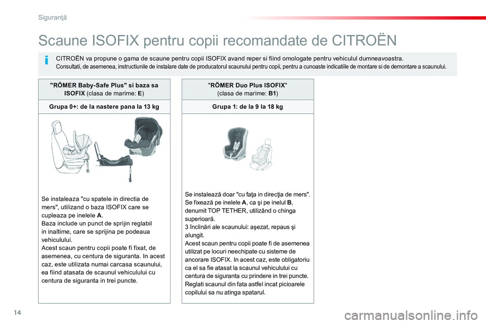 CITROEN JUMPER SPACETOURER 2017 Ghiduri De Utilizare (in Romanian) 14
Siguranţă
Spacetourer_VP_complement_sieges_enfant_ro_Chap10_securite_ed01-16
Scaune ISOFIX pentru copii recomandate de CITROËN
CITROËN va propune o gama de scaune pentru copii ISOFIX avand CITROEN JUMPER SPACETOURER 2017 Ghiduri De Utilizare (in Romanian) 14
Siguranţă
Spacetourer_VP_complement_sieges_enfant_ro_Chap10_securite_ed01-16
Scaune ISOFIX pentru copii recomandate de CITROËN
CITROËN va propune o gama de scaune pentru copii ISOFIX avand