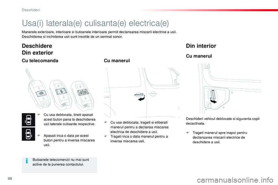 CITROEN JUMPER SPACETOURER 2017 Ghiduri De Utilizare (in Romanian) 68
Spacetourer-VP_ro_Chap02_ouvertures_ed01-2016
Usa(i) laterala(e) culisanta(e) electrica(e)
Manerele exterioare, interioare si butoanele interioare permit declansarea miscarii electrice a usii.
Desc CITROEN JUMPER SPACETOURER 2017 Ghiduri De Utilizare (in Romanian) 68
Spacetourer-VP_ro_Chap02_ouvertures_ed01-2016
Usa(i) laterala(e) culisanta(e) electrica(e)
Manerele exterioare, interioare si butoanele interioare permit declansarea miscarii electrice a usii.
Desc