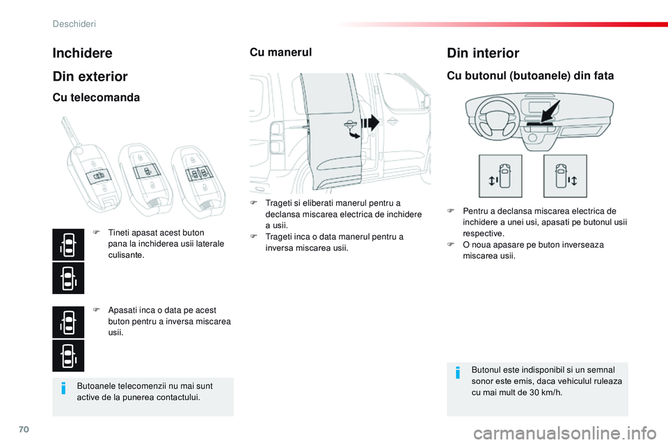 CITROEN JUMPER SPACETOURER 2017  Ghiduri De Utilizare (in Romanian) 70
Spacetourer-VP_ro_Chap02_ouvertures_ed01-2016
Butoanele telecomenzii nu mai sunt 
active de la punerea contactului.
Inchidere
Din exterior
F Pentru a declansa miscarea electrica de inchidere a unei