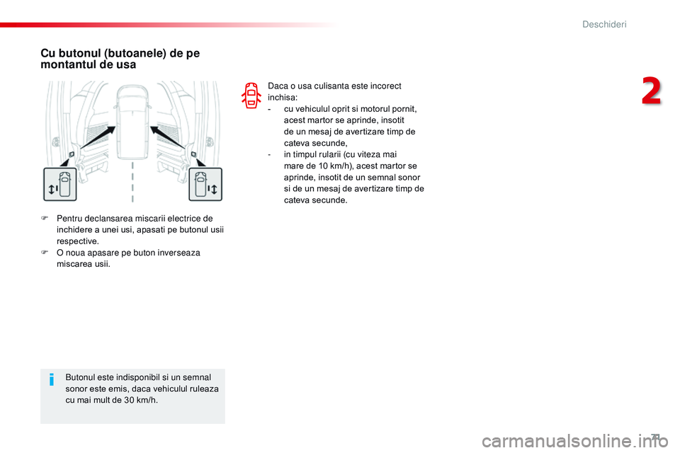 CITROEN JUMPER SPACETOURER 2017  Ghiduri De Utilizare (in Romanian) 71
Spacetourer-VP_ro_Chap02_ouvertures_ed01-2016
F Pentru declansarea miscarii electrice de inchidere a unei usi, apasati pe butonul usii 
respective.
F
  o  noua apasare pe buton inverseaza 
miscarea