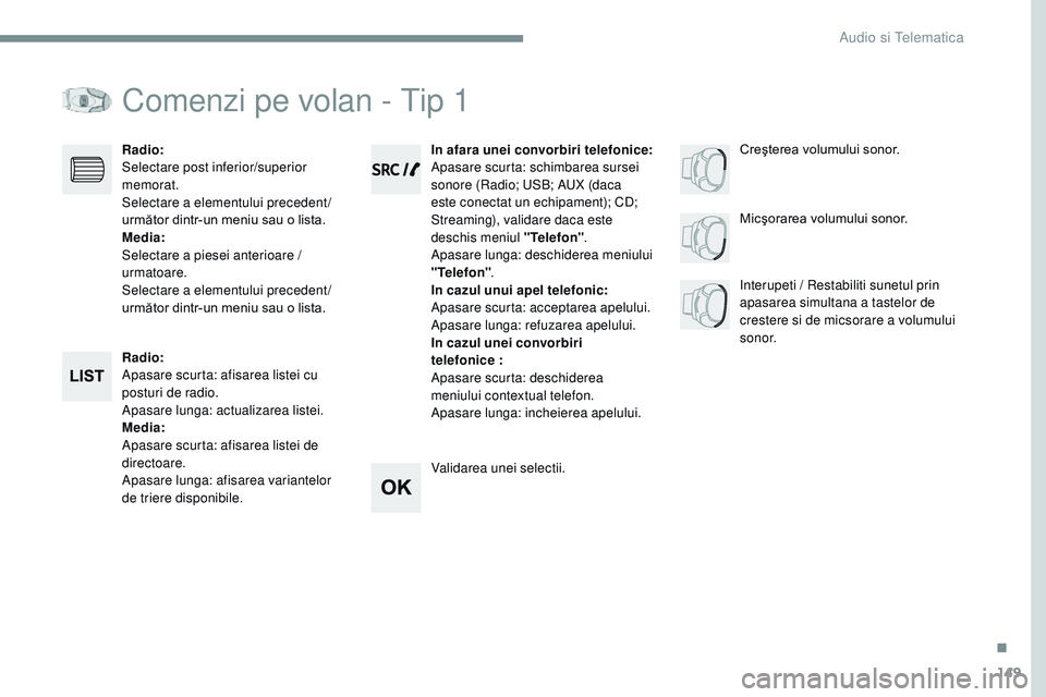 CITROEN JUMPER SPACETOURER 2017 Ghiduri De Utilizare (in Romanian) 149
Transversal-Citroen_ro_Chap03_RD6_ed01-2016
Comenzi pe volan - Tip 1
Radio:
Apasare scurta: afisarea listei cu
posturi de radio.
Apasare lunga: actualizarea listei.
Media:
Apasare scurta: afisare CITROEN JUMPER SPACETOURER 2017 Ghiduri De Utilizare (in Romanian) 149
Transversal-Citroen_ro_Chap03_RD6_ed01-2016
Comenzi pe volan - Tip 1
Radio:
Apasare scurta: afisarea listei cu
posturi de radio.
Apasare lunga: actualizarea listei.
Media:
Apasare scurta: afisare