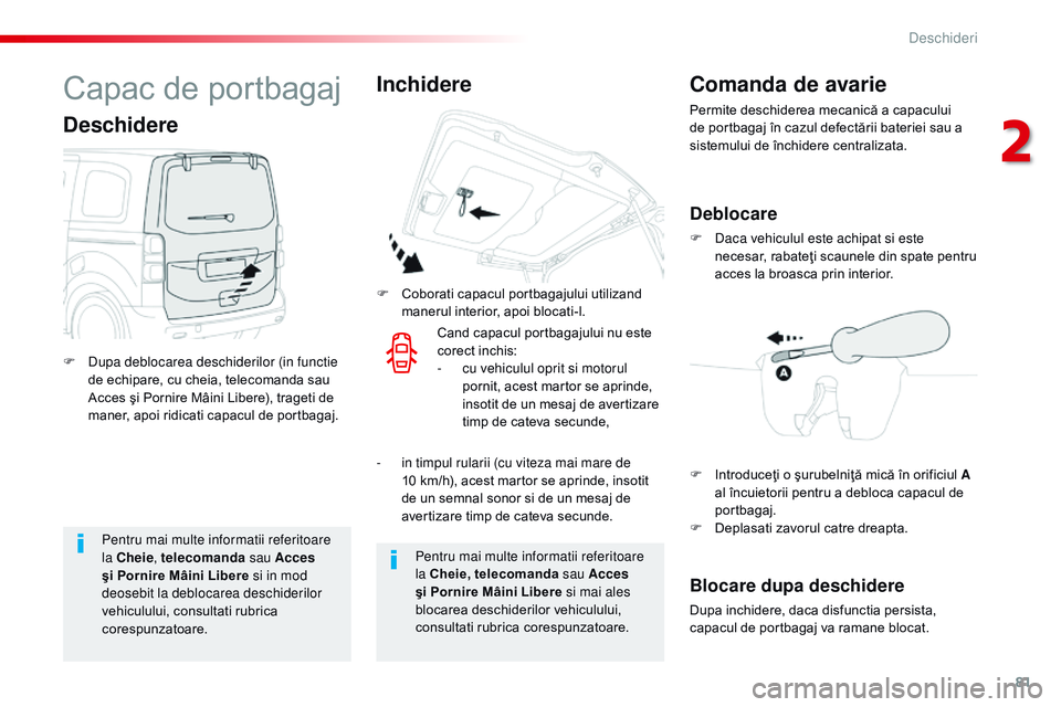 CITROEN JUMPER SPACETOURER 2017  Ghiduri De Utilizare (in Romanian) 81
Spacetourer-VP_ro_Chap02_ouvertures_ed01-2016
Pentru mai multe informatii referitoare 
la Cheie, telecomanda  sau Acces 
şi Pornire Mâini Libere si in mod 
deosebit la deblocarea deschiderilor 
v