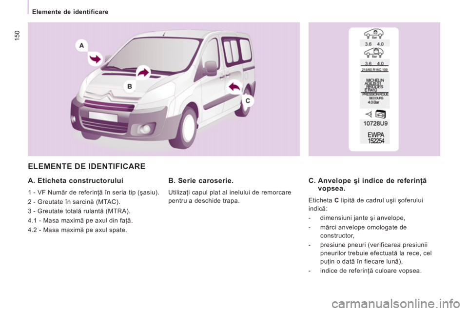 CITROEN JUMPER MULTISPACE 2012  Ghiduri De Utilizare (in Romanian) 150
Elemente de identificare
  ELEMENTE DE IDENTIFICARE
 
 
A. Eticheta constructorului 
 
1 - VF Număr de referinţă în seria tip (şasiu). 
  2 - Greutate în sarcină (MTAC). 
  3 - Greutate tot