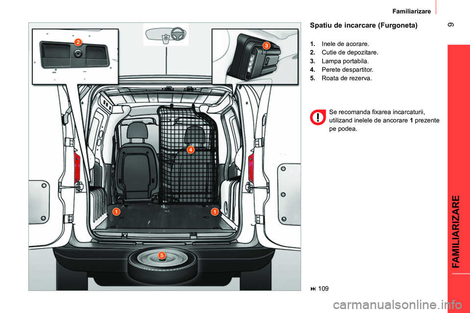 CITROEN NEMO 2014  Ghiduri De Utilizare (in Romanian)  9
FAMILIARIZARE
Familiarizare
 
 
Spatiu de incarcare (Furgoneta) 
 
 
 
1. 
  Inele de acorare. 
   
2. 
  Cutie de depozitare. 
   
3. 
 Lampa portabila. 
   
4. 
 Perete despartitor. 
   
5. 
  Ro