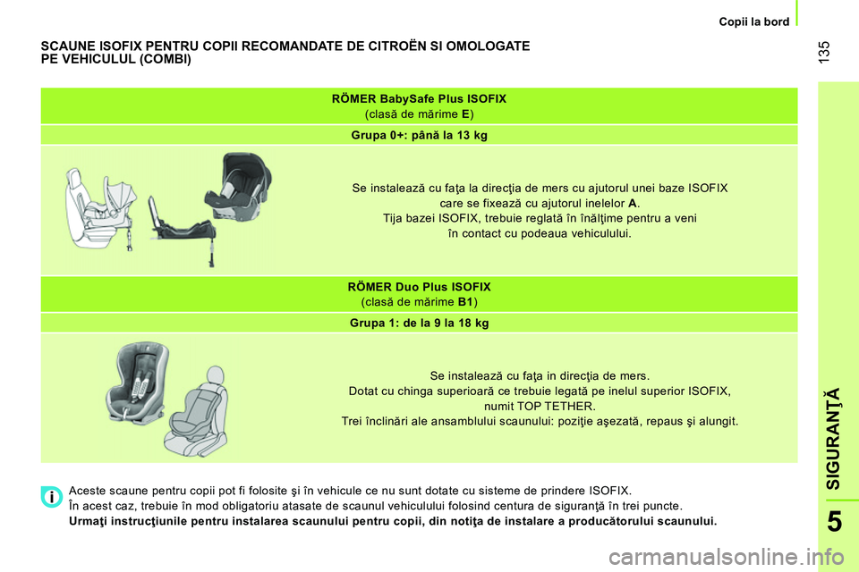 CITROEN NEMO 2014 Ghiduri De Utilizare (in Romanian) 135
5
SIGURANŢĂ
Copii la bord
RÖMER BabySafe Plus ISOFIX
(clasă de mărime E
)
Grupa 0+: până la 13 kg
Se instalează cu faţa la direcţia de mers CITROEN NEMO 2014 Ghiduri De Utilizare (in Romanian) 135
5
SIGURANŢĂ
Copii la bord
RÖMER BabySafe Plus ISOFIX
(clasă de mărime E
)
Grupa 0+: până la 13 kg
Se instalează cu faţa la direcţia de mers