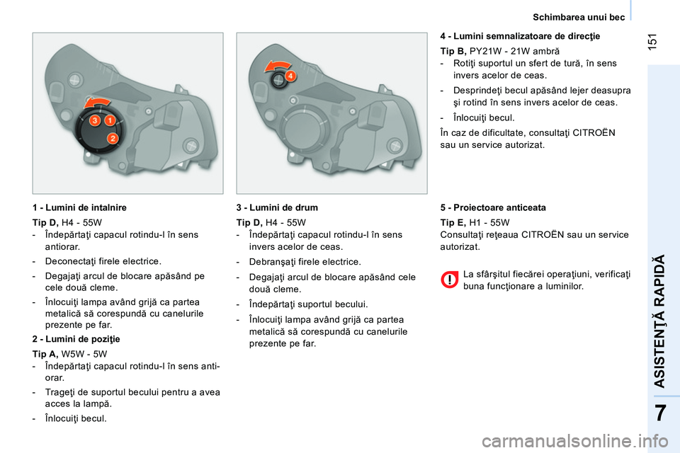 CITROEN NEMO 2014 Ghiduri De Utilizare (in Romanian) 151
7
ASISTENŢĂ RAPIDĂ
Schimbarea unui bec
1 - Lumini de intalnire
Tip D,
H4 - 55W
- Îndepărtaţi capacul rotindu-l în sens
antiorar.
- Deconectaţi firele e CITROEN NEMO 2014 Ghiduri De Utilizare (in Romanian) 151
7
ASISTENŢĂ RAPIDĂ
Schimbarea unui bec
1 - Lumini de intalnire
Tip D,
H4 - 55W
- Îndepărtaţi capacul rotindu-l în sens
antiorar.
- Deconectaţi firele e