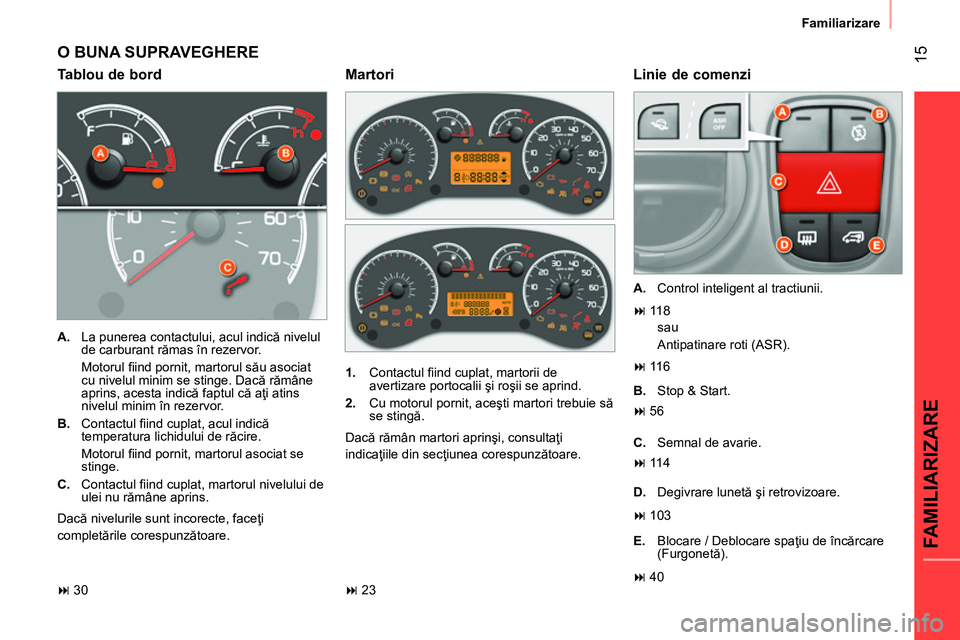 CITROEN NEMO 2014  Ghiduri De Utilizare (in Romanian)  15
FAMILIARIZARE
Familiarizare
 
O BUNA SUPRAVEGHERE 
 
 
Tablou de bord  
 
Linie de comenzi 
 
 
 
A. 
  La punerea contactului, acul indică nivelul 
de carburant rămas în rezervor.  
 Motorul �