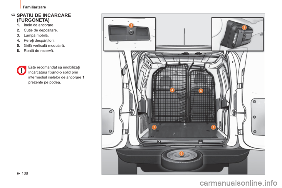 CITROEN NEMO 2013  Ghiduri De Utilizare (in Romanian)  8
 
Familiarizare 
 
SPATIU DE INCARCARE 
(FURGONETA) 
   
 
1. 
  Inele de ancorare. 
   
2. 
  Cutie de depozitare. 
   
3. 
 Lampă mobilă. 
   
4. 
 Pereţi despărţitori. 
   
5. 
 Grilă vert