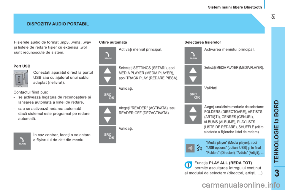 CITROEN NEMO 2013  Ghiduri De Utilizare (in Romanian)  91
TEHNOLOGIE la BORD
   
Sistem maini libere Bluetooth  
3
 
Fisierele audio de format .mp3, .wma, .wav 
şi listele de redare fişier cu extensia .wpl 
sunt recunoscute de sistem.     
Selectarea �