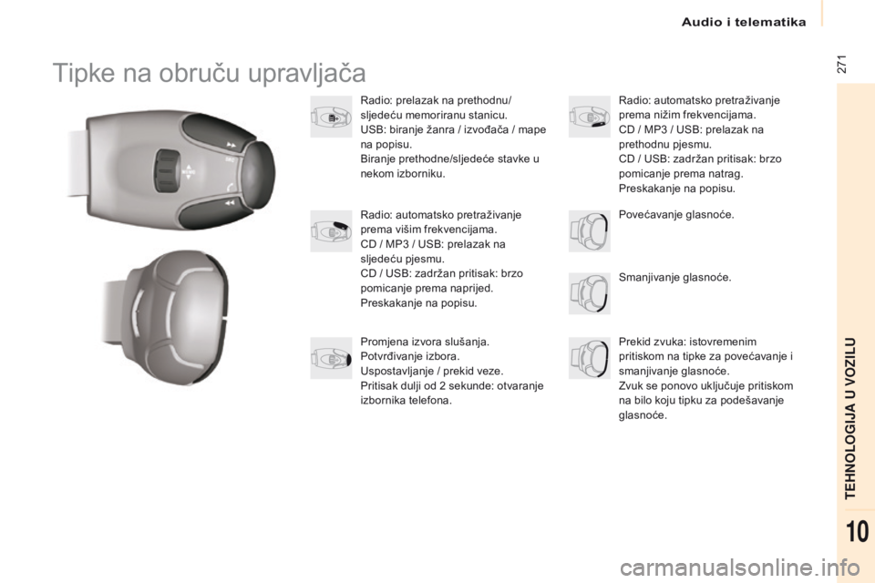 CITROEN BERLINGO MULTISPACE 2016  Upute Za Rukovanje (in Croatian) Audio i telematika
 271
Berlingo-2-VP_hr_Chap10b_rd45_ed01-2016
Tipke na obruču upravljača
radio: prelazak na prethodnu/
sljedeću memoriranu stanicu.
U
sB

: biranje žanra / izvođača / mape 
na 