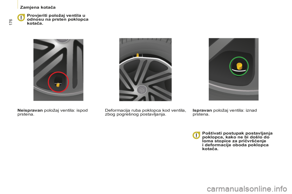 CITROEN BERLINGO MULTISPACE 2015 Upute Za Rukovanje (in Croatian) 176
Berlingo-2-VP_hr_Chap08_aide-rapide_ed01-2015Berlingo-2-VP_hr_Chap08_aide-rapide_ed01-2015
Provjeriti položaj ventila u
odnosu na prsten poklopca
kotača.
Neispravan položaj ventila: ispod
pr CITROEN BERLINGO MULTISPACE 2015 Upute Za Rukovanje (in Croatian) 176
Berlingo-2-VP_hr_Chap08_aide-rapide_ed01-2015Berlingo-2-VP_hr_Chap08_aide-rapide_ed01-2015
Provjeriti položaj ventila u
odnosu na prsten poklopca
kotača.
Neispravan položaj ventila: ispod
pr