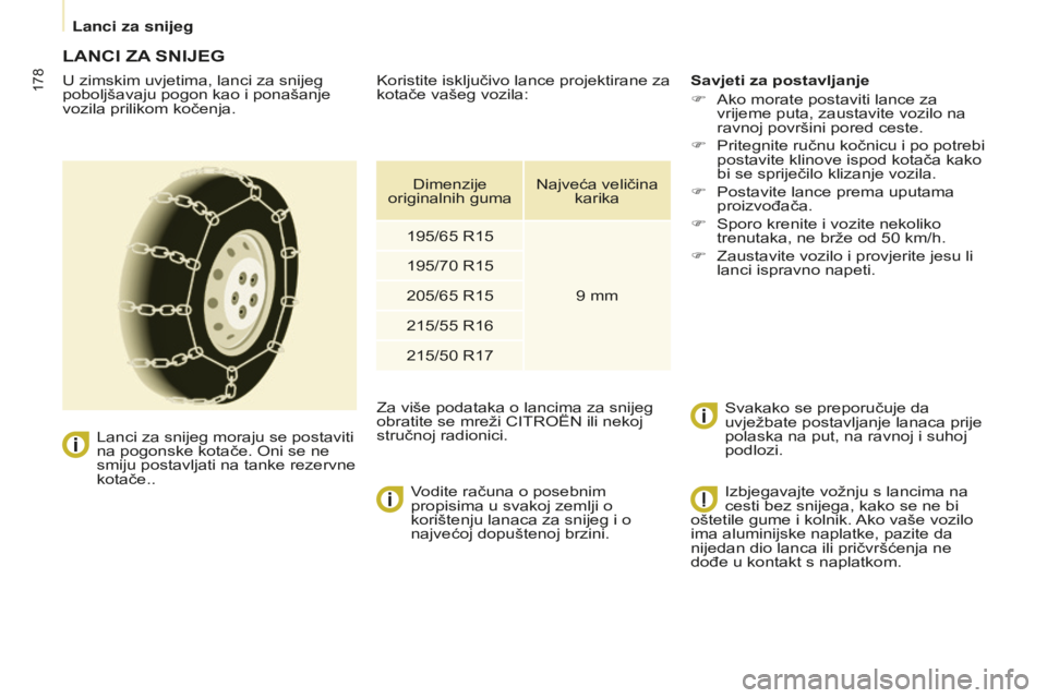 CITROEN BERLINGO MULTISPACE 2015 Upute Za Rukovanje (in Croatian) 178
Berlingo-2-VP_hr_Chap08_aide-rapide_ed01-2015Berlingo-2-VP_hr_Chap08_aide-rapide_ed01-2015
LANCI ZA SNIJEG
U zimskim uvjetima, lanci za snijeg
poboljšavaju pogon kao i ponašanje
vozila priliko CITROEN BERLINGO MULTISPACE 2015 Upute Za Rukovanje (in Croatian) 178
Berlingo-2-VP_hr_Chap08_aide-rapide_ed01-2015Berlingo-2-VP_hr_Chap08_aide-rapide_ed01-2015
LANCI ZA SNIJEG
U zimskim uvjetima, lanci za snijeg
poboljšavaju pogon kao i ponašanje
vozila priliko