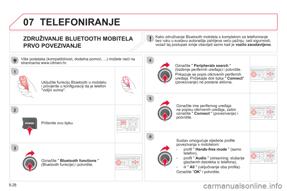 CITROEN BERLINGO MULTISPACE 2013  Upute Za Rukovanje (in Croatian) 9.28
07
   
 
 
 
 
 
 
 
 
 
 
ZDRUŽIVANJE BLUETOOTH MOBITELA 
 
PRVO POVEZIVANJE  Kako združivanje Bluetooth mobitela s kompletom za telefoniranje
bez ruku u sustavu autoradija zahtijeva veću pa�