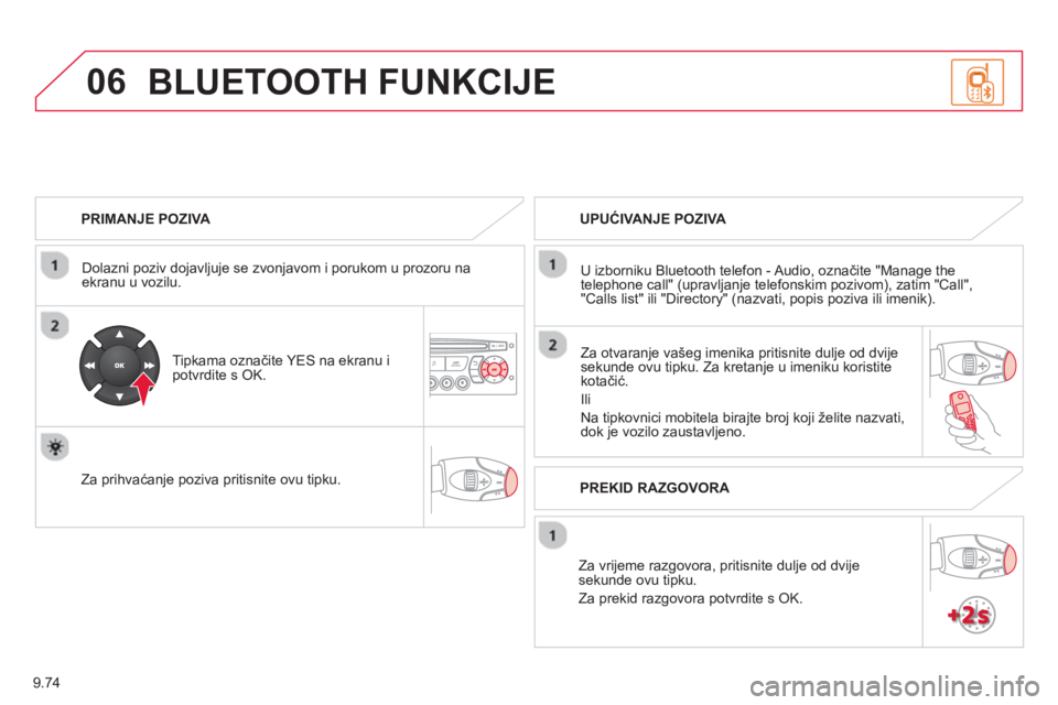 CITROEN BERLINGO MULTISPACE 2013 Upute Za Rukovanje (in Croatian) 9.74
06
PRIMANJE POZIVA
Dolazni poziv do
javljuje se zvonjavom i porukom u prozoru na ekranu u vozilu.
Tipkama označite YE
S na ekranu i potvrdite s OK.
Za prihvaćan
je poziva p CITROEN BERLINGO MULTISPACE 2013 Upute Za Rukovanje (in Croatian) 9.74
06
PRIMANJE POZIVA
Dolazni poziv do
javljuje se zvonjavom i porukom u prozoru na ekranu u vozilu.
Tipkama označite YE
S na ekranu i potvrdite s OK.
Za prihvaćan
je poziva p