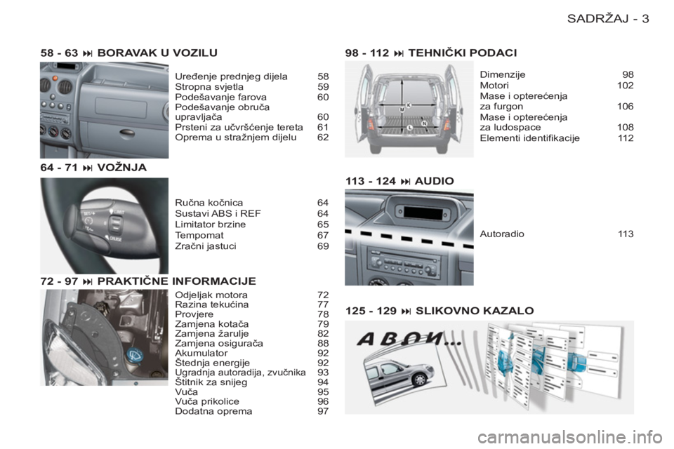 CITROEN BERLINGO FIRST 2011  Upute Za Rukovanje (in Croatian) 3SADRŽAJ-
113 - 124 � AUDIO
Autoradio 113
125 - 129 � SLIKOVNO KAZALO 58 - 63 � BORAVAK U VOZILU
Uređenje prednjeg dijela  58
Stropna svjetla  59
Podešavanje farova  60
Podešavanje obruča 
upr