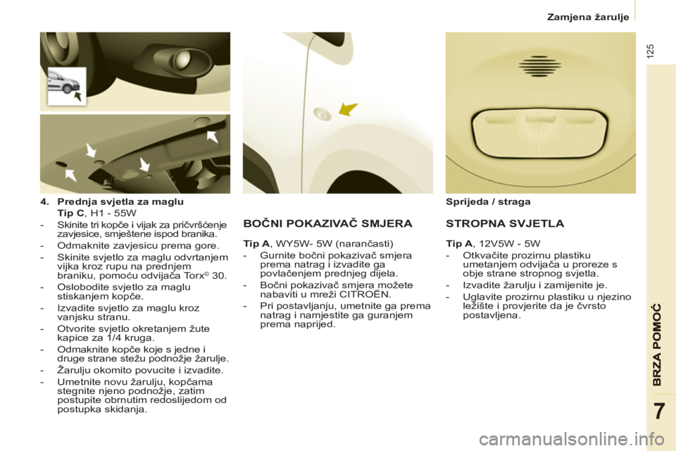 CITROEN BERLINGO ELECTRIC 2015  Upute Za Rukovanje (in Croatian)    
 
Zamjena žarulje  
 
125
7
 
 
4. 
  Prednja svjetla za maglu 
   
  Tip C 
, H1 - 55W  
   
 
-   Skinite tri kopče i vijak za pričvršćenje 
zavjesice, smještene ispod branika. 
   
-   Od