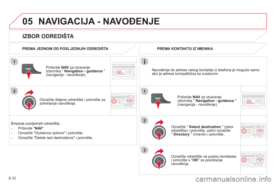 CITROEN BERLINGO ELECTRIC 2015 Upute Za Rukovanje (in Croatian) 9.12
05
IZBOR ODREDIŠTA
NAVIGACIJA - NAVOĐENJE
PREMA JEDNOM OD POSLJEDNJIH ODREDIŠTA
Priti
snite NAVza otvaranje
izbornika " Navigation - guidance
" (navigacija - navođenje).
CITROEN BERLINGO ELECTRIC 2015 Upute Za Rukovanje (in Croatian) 9.12
05
IZBOR ODREDIŠTA
NAVIGACIJA - NAVOĐENJE
PREMA JEDNOM OD POSLJEDNJIH ODREDIŠTA
Priti
snite NAVza otvaranje
izbornika " Navigation - guidance
" (navigacija - navođenje).
