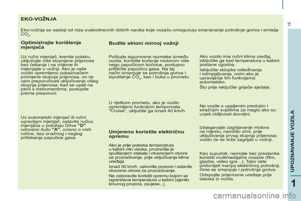 CITROEN BERLINGO ELECTRIC 2015  Upute Za Rukovanje (in Croatian) 15
1
UPOZNAVANJE VOZIL
A
EKO-VOŽNJA 
  Eko-vožnja se sastoji od niza svakodnevnih dobrih navika koje vozaču omogućuju smanjivanje potrošnje goriva i emisija 
CO
2. 
   
Optimizirajte korištenje 