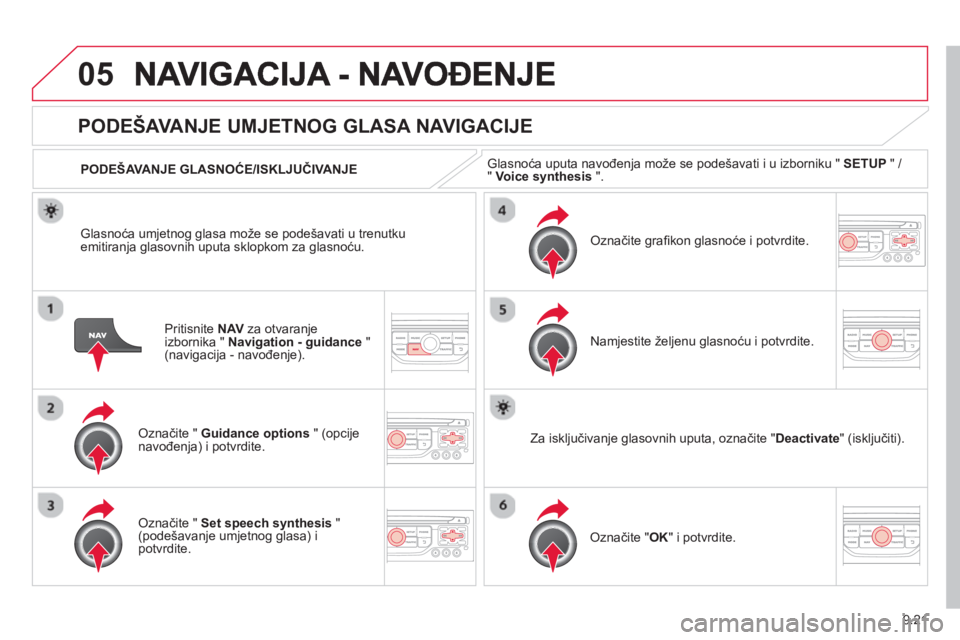 CITROEN BERLINGO ELECTRIC 2015  Upute Za Rukovanje (in Croatian) 9.21
05
Pritisnite  NAVza otvaranje
izbornika " Navigation - guidance 
 " (navigacija - navođenje). 
PODEŠAVANJE UMJETNOG GLASA NAVIGACIJE
Označite "  Guidance options 
 " (opcije
navođenja) i pot