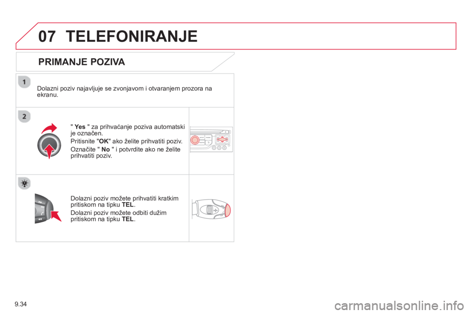 CITROEN BERLINGO ELECTRIC 2015 Upute Za Rukovanje (in Croatian) 9.34
07TELEFONIRANJE
PRIMANJE POZIVA
Dolazni poziv najavljuje se zvonjavom i otvaranjem prozora naekranu.
" Ye s
" za prihvaćanje poziva automatski
je označen.
Priti
snite " OK
" ako CITROEN BERLINGO ELECTRIC 2015 Upute Za Rukovanje (in Croatian) 9.34
07TELEFONIRANJE
PRIMANJE POZIVA
Dolazni poziv najavljuje se zvonjavom i otvaranjem prozora naekranu.
" Ye s
" za prihvaćanje poziva automatski
je označen.
Priti
snite " OK
" ako