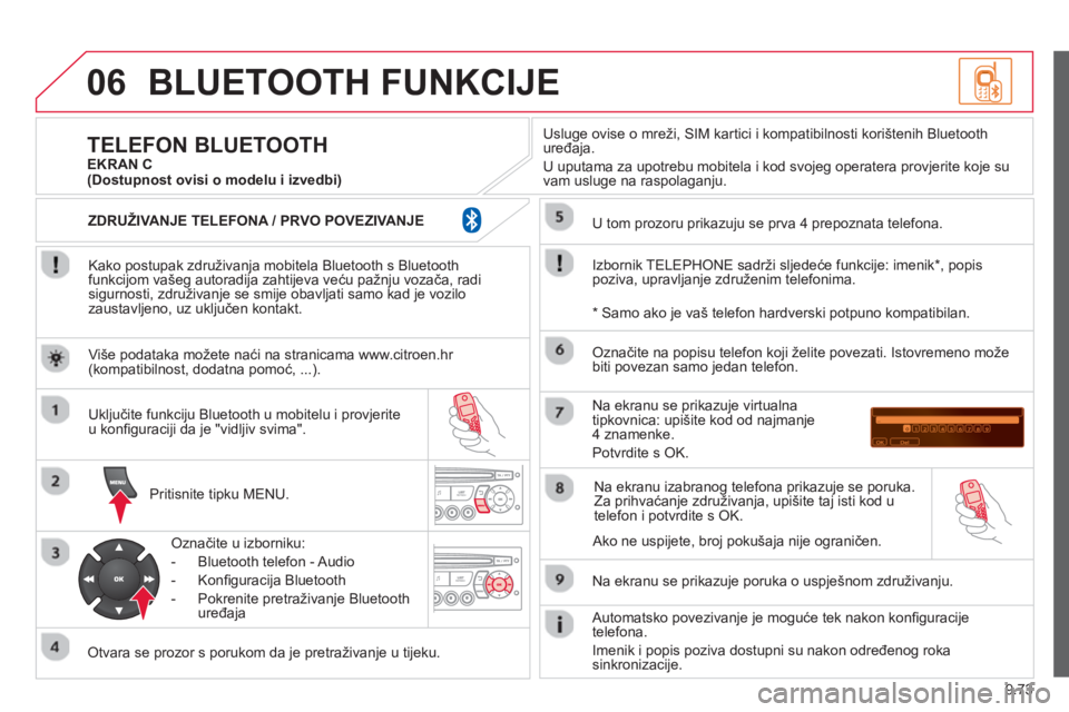 CITROEN BERLINGO ELECTRIC 2015 Upute Za Rukovanje (in Croatian) 9.73
06BLUETOOTH FUNKCIJE
Kako postupak združivanja mobitela Bluetooth s Bluetoothfunkcijom vašeg autoradija zahtijeva veću pažnju vozača, radisigurnosti, združivanje se smije obavljati samo CITROEN BERLINGO ELECTRIC 2015 Upute Za Rukovanje (in Croatian) 9.73
06BLUETOOTH FUNKCIJE
Kako postupak združivanja mobitela Bluetooth s Bluetoothfunkcijom vašeg autoradija zahtijeva veću pažnju vozača, radisigurnosti, združivanje se smije obavljati samo