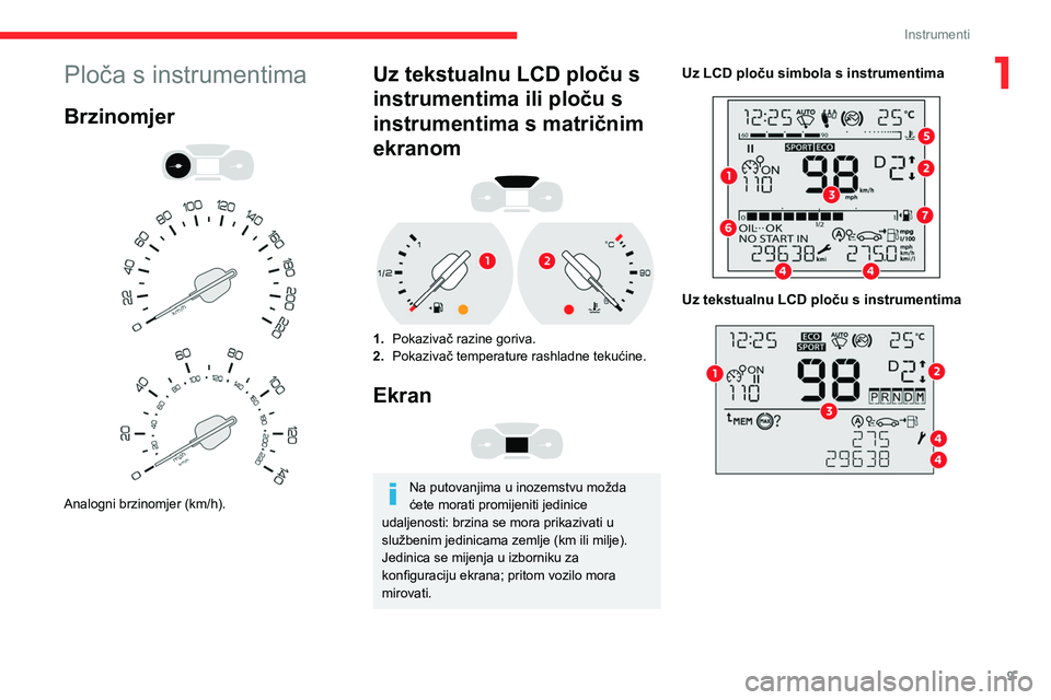 CITROEN BERLINGO VAN 2021  Upute Za Rukovanje (in Croatian) 9
Instrumenti
1Ploča s instrumentima
Brzinomjer 
 
 
 
Analogni brzinomjer (km/h).
Uz tekstualnu LCD ploču s 
instrumentima ili ploču s 
instrumentima s matričnim 
ekranom
 
 
1. Pokazivač razine