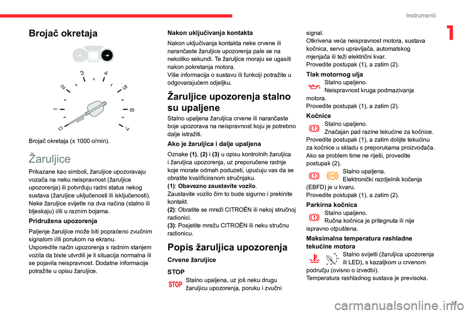 CITROEN BERLINGO VAN 2021 Upute Za Rukovanje (in Croatian) 11
Instrumenti
1Brojač okretaja
Brojač okretaja (x 1000 o/min).
Žaruljice
Prikazane kao simboli, žaruljice upozoravaju
vozača na neku neispravnost (žaruljice
upozorenja) ili potvrđuju CITROEN BERLINGO VAN 2021 Upute Za Rukovanje (in Croatian) 11
Instrumenti
1Brojač okretaja
Brojač okretaja (x 1000 o/min).
Žaruljice
Prikazane kao simboli, žaruljice upozoravaju
vozača na neku neispravnost (žaruljice
upozorenja) ili potvrđuju