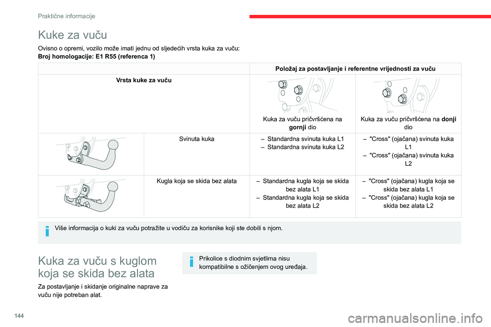 CITROEN BERLINGO VAN 2021  Upute Za Rukovanje (in Croatian) 144
Praktične informacije
Kuke za vuču
Ovisno o opremi, vozilo može imati jednu od sljedećih vrsta kuka za vuču:
Broj homologacije: E1 R55 (referenca 1)
Položaj za postavljanje i referentne vrij