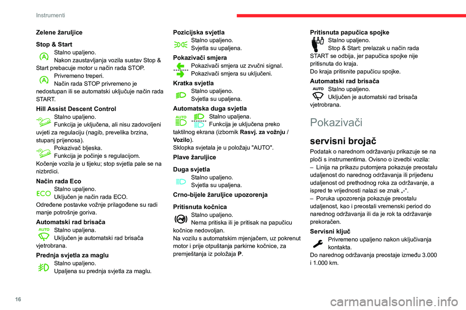 CITROEN BERLINGO VAN 2021  Upute Za Rukovanje (in Croatian) 16
Instrumenti
Zelene žaruljice
Stop & Start
Stalno upaljeno.
Nakon zaustavljanja vozila sustav Stop & 
Start prebacuje motor u način rada STOP.
Privremeno treperi.
Način rada STOP privremeno je 
n