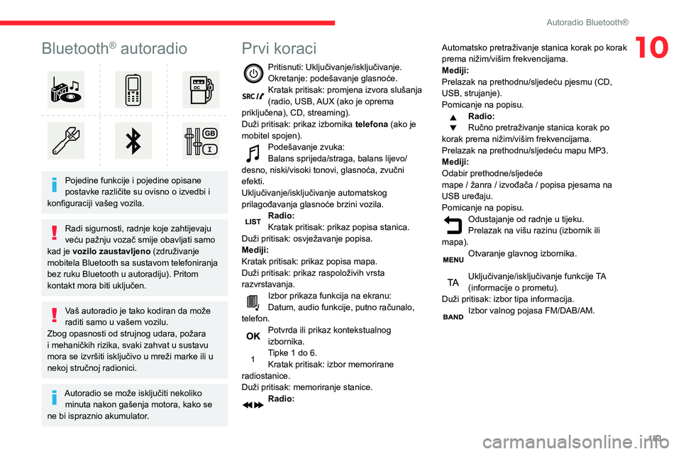 CITROEN BERLINGO VAN 2021  Upute Za Rukovanje (in Croatian) 183
Autoradio Bluetooth®
10Bluetooth® autoradio 
 
Pojedine funkcije i pojedine opisane 
postavke različite su ovisno o izvedbi i 
konfiguraciji vašeg vozila.
Radi sigurnosti, radnje koje zahtijev