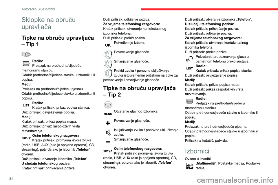 CITROEN BERLINGO VAN 2021  Upute Za Rukovanje (in Croatian) 184
Autoradio Bluetooth®
„Telefon”: Poziv, Upravljanje mapom, 
Upravljanje telefonom, Prekid veze.
„Putno računalo”. 
„Održavanje”: Dijagnostika, Popis 
upozorenja itd.
„Spajanja”: 