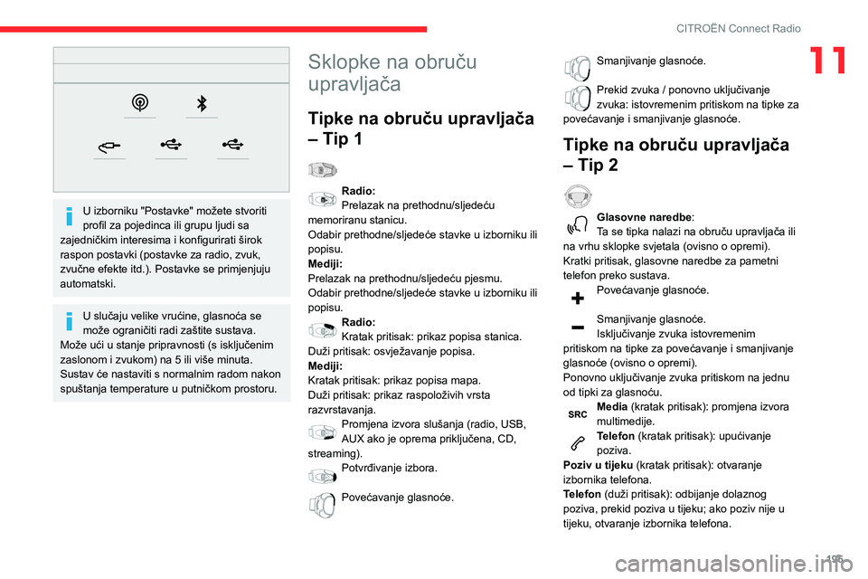 CITROEN BERLINGO VAN 2021 Upute Za Rukovanje (in Croatian) 195
CITROËN Connect Radio
11
U izborniku "Postavke" možete stvoriti
profil za pojedinca ili grupu ljudi sa
zajedničkim interesima i konfigurirati širok
raspon postavki (postavke za ra CITROEN BERLINGO VAN 2021 Upute Za Rukovanje (in Croatian) 195
CITROËN Connect Radio
11
U izborniku "Postavke" možete stvoriti
profil za pojedinca ili grupu ljudi sa
zajedničkim interesima i konfigurirati širok
raspon postavki (postavke za ra