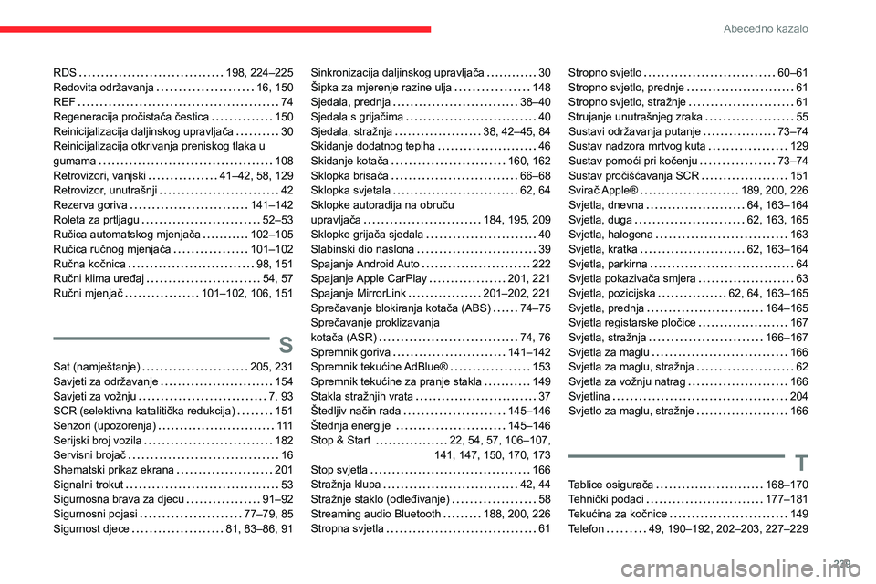 CITROEN BERLINGO VAN 2021  Upute Za Rukovanje (in Croatian) 239
Abecedno kazalo
RDS    198, 224–225
Redovita održavanja     
16, 150
REF
    
74
Regeneracija pročistača čestica
    
150
Reinicijalizacija daljinskog upravljača
    
30
Reinicijalizacija o