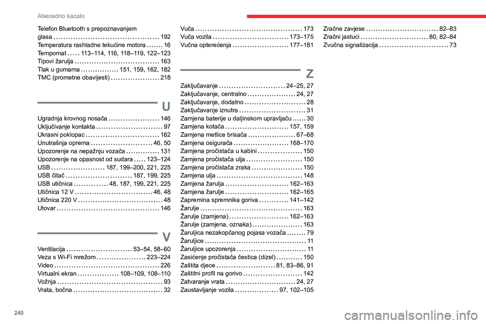 CITROEN BERLINGO VAN 2021  Upute Za Rukovanje (in Croatian) 240
Abecedno kazalo
Telefon Bluetooth s prepoznavanjem  
glasa     
192
Temperatura rashladne tekućine motora
    
16
Tempomat
   
113–114, 116, 118–119, 122–123
Tipovi žarulja
    
163
Tlak u
