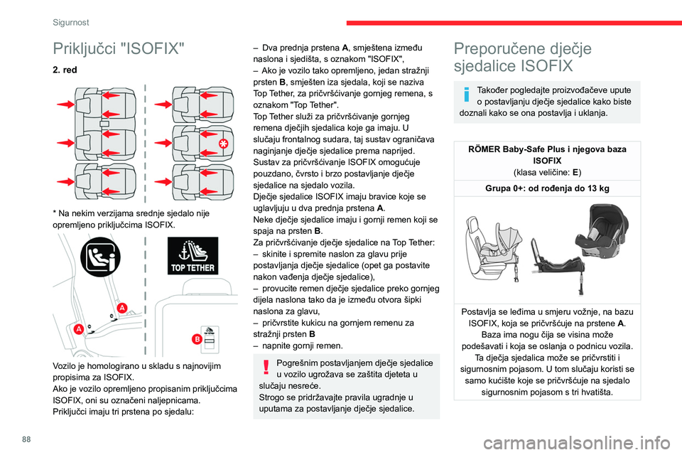 CITROEN BERLINGO VAN 2021  Upute Za Rukovanje (in Croatian) 88
Sigurnost
Priključci "ISOFIX"
2. red 
 
* Na nekim verzijama srednje sjedalo nije 
opremljeno priključcima ISOFIX.
 
 
Vozilo je homologirano u skladu s najnovijim 
propisima za ISOFIX.
A