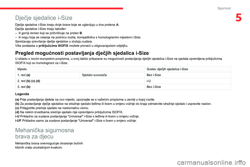 CITROEN BERLINGO VAN 2021  Upute Za Rukovanje (in Croatian) 91
Sigurnost
5Dječje sjedalice i-Size
Dječje sjedalice i-Size imaju dvije brave koje se uglavljuju u dva prstena A.
Dječje sjedalice i-Size imaju također:
–
 
ili gornji remen koji se pričvrš�