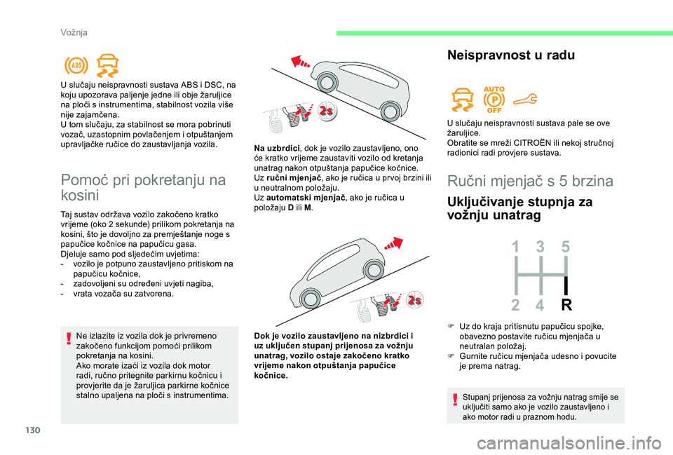 CITROEN BERLINGO VAN 2019  Upute Za Rukovanje (in Croatian) 130
Pomoć pri pokretanju na 
kosini
Taj sustav održava vozilo zakočeno kratko 
vrijeme (oko 2  sekunde) prilikom pokretanja na 
kosini, što je dovoljno za premještanje noge s 
papučice kočnice 