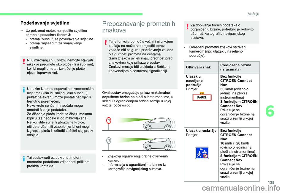 CITROEN BERLINGO VAN 2019 Upute Za Rukovanje (in Croatian) 139
Prepoznavanje prometnih
znakova
Ta je funkcija pomoć u vožnji i ni u kojem
slučaju ne može nadomjestiti oprez
vozača niti osigurati pridržavanje zakona
o sigurnosti prometa na cestama.
S CITROEN BERLINGO VAN 2019 Upute Za Rukovanje (in Croatian) 139
Prepoznavanje prometnih
znakova
Ta je funkcija pomoć u vožnji i ni u kojem
slučaju ne može nadomjestiti oprez
vozača niti osigurati pridržavanje zakona
o sigurnosti prometa na cestama.
S
